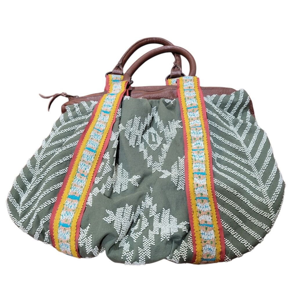 Lucky Penny Anthropologie Boho Beaded Canvas Tote Bag Embroidery